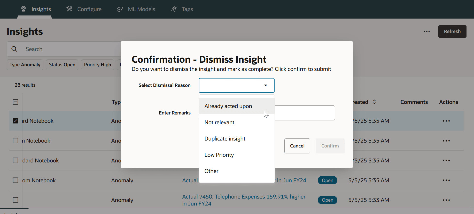 Insights Dismissal Reasons