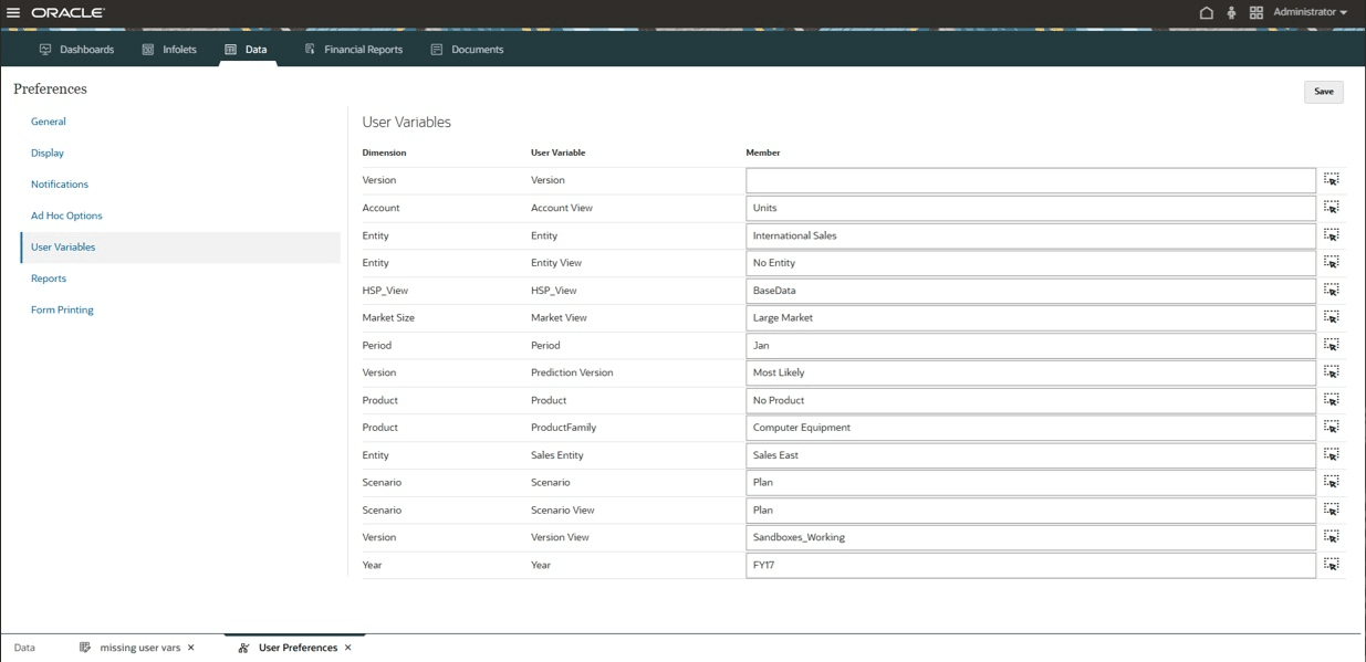 User Preferences Page Showing Missing User Variables