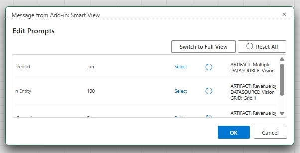 Edit Prompts Dialog in Compact Mode, with Show Full View Button