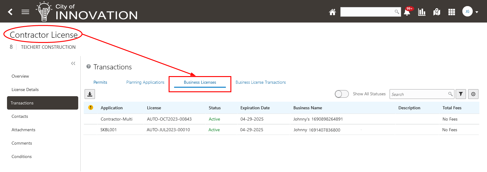 Contractor License Record - Business License Tab on the Transactions Page