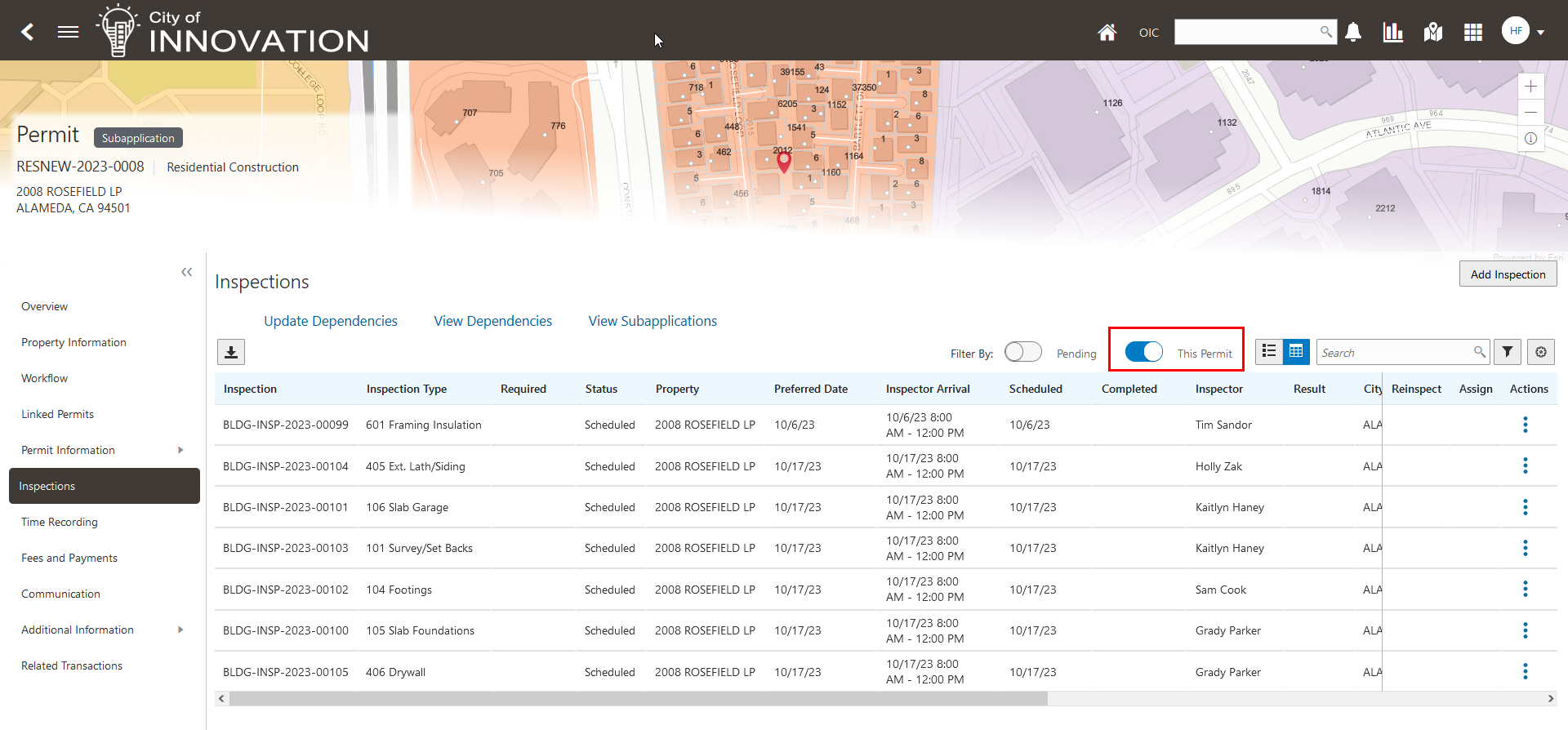 Inspections Page in a Permit's Details
