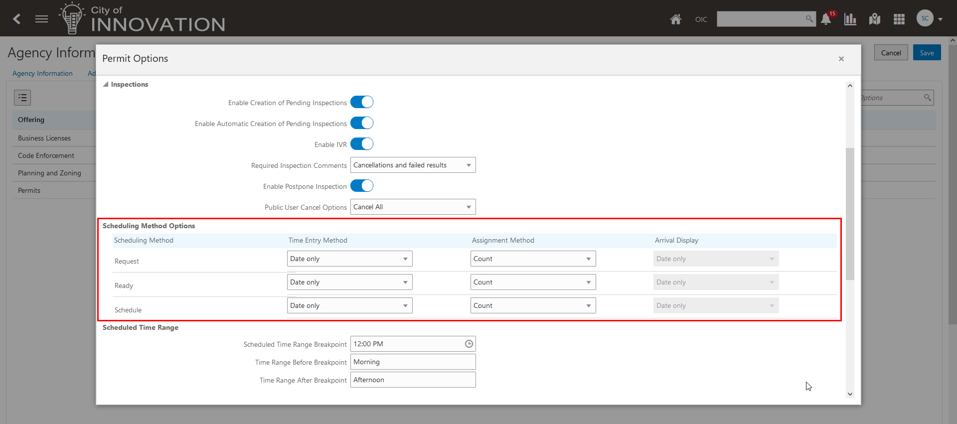 Agency Information - Permit Options Page, Scheduling Method Options Section
