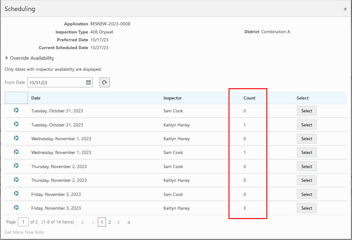 Inspections - Scheduling Page