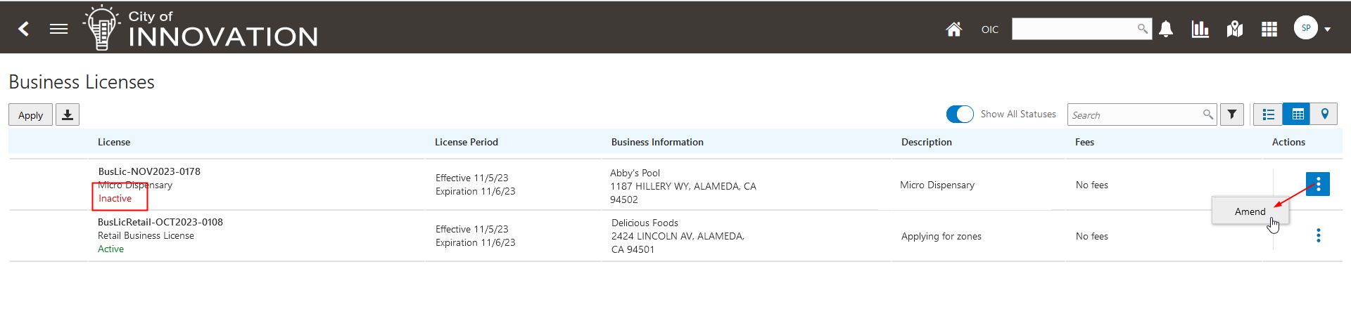 Business Licenses Page