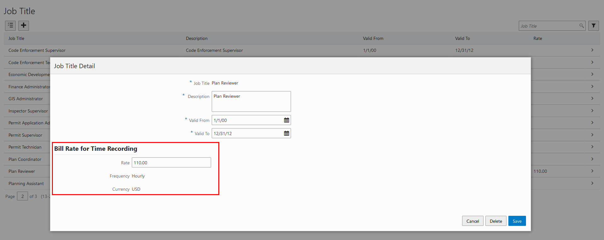 Job Title Detail Page - Bill Rate for Time Recording Setup