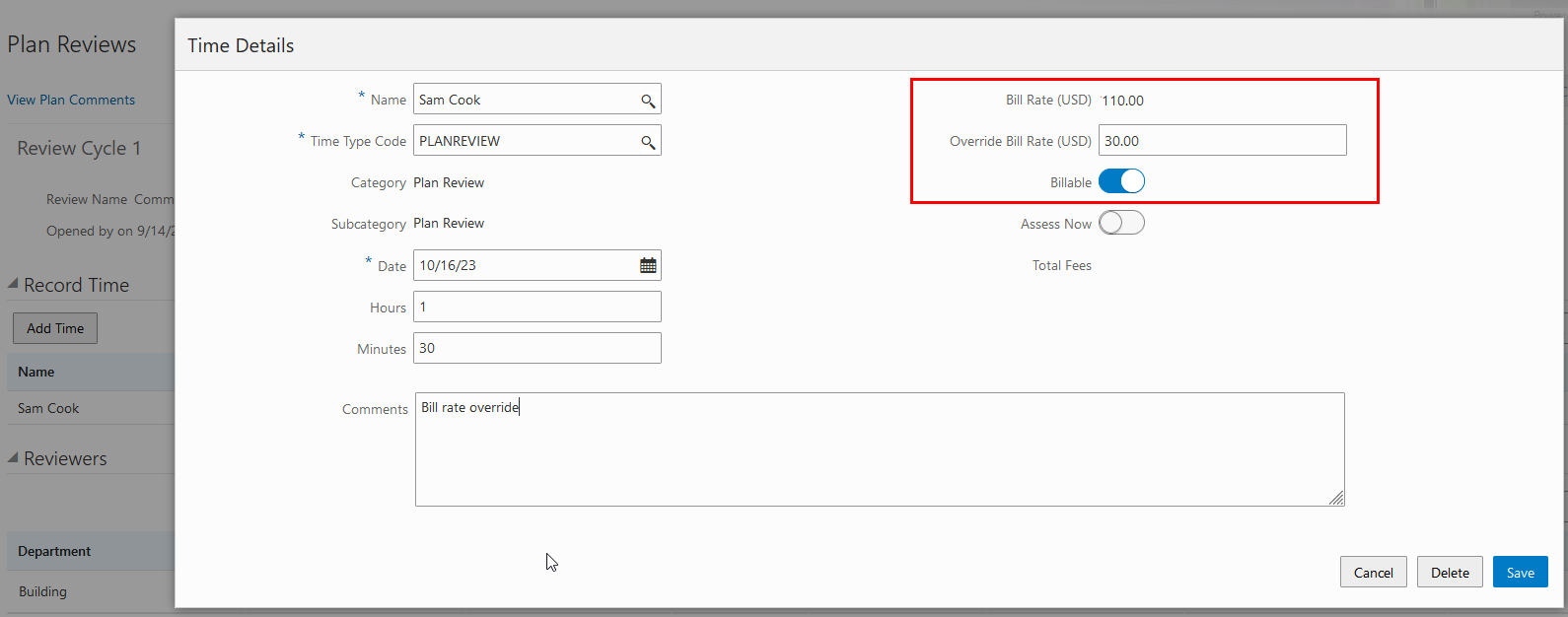 Example of Time Details Page for Recording Time
