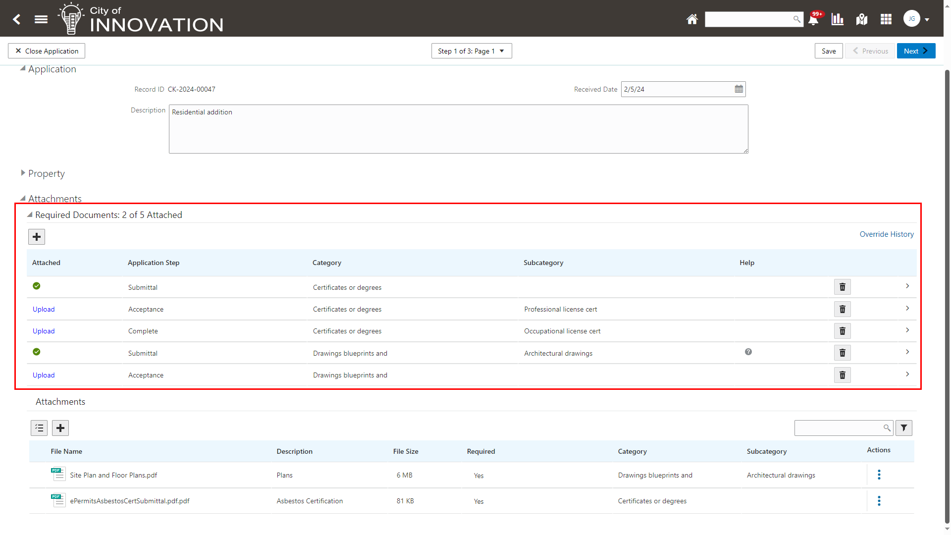 Required Documents Grid on an Application Intake Form