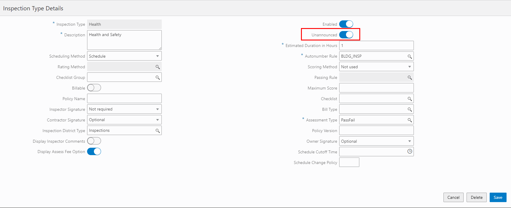 Inspection Type Details Page