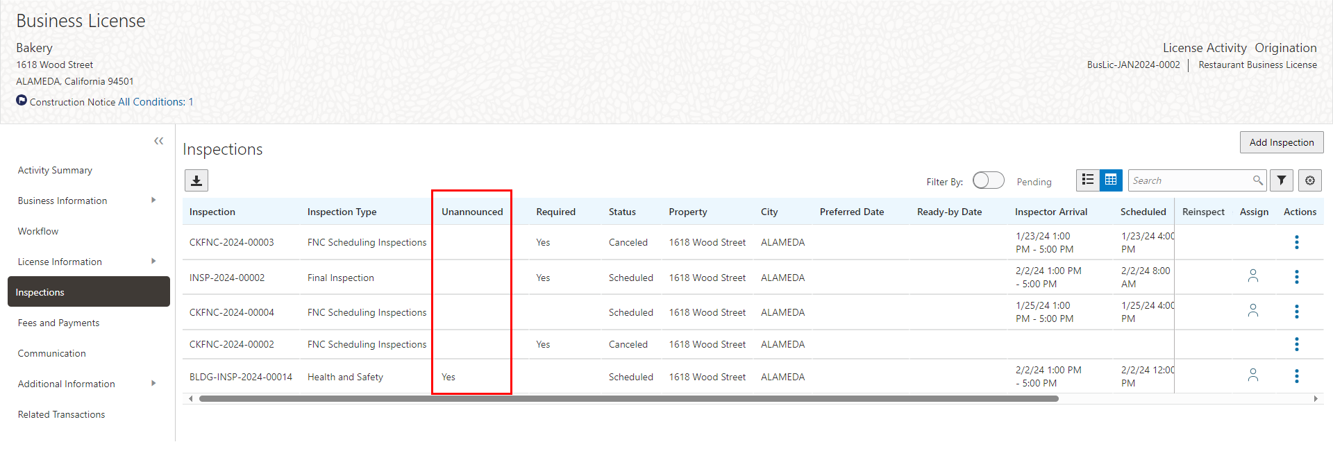 Agency View of the Inspections List Page in the Application Details