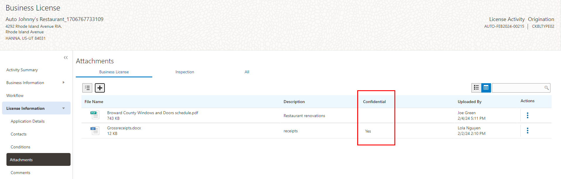 Business License Transaction - Attachments Page