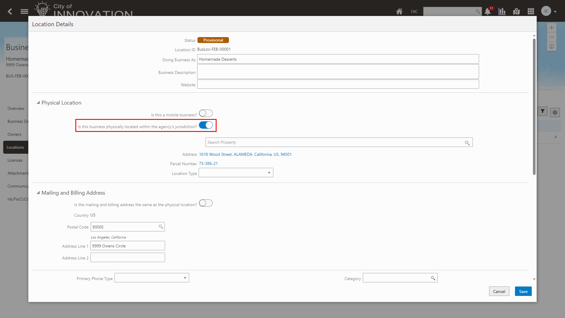 Location Details Page in the Business Details