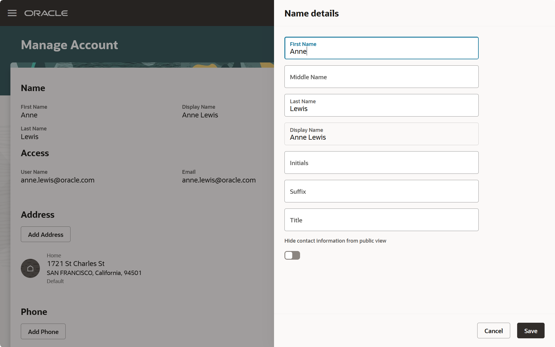 Manage Account - Name Details Drawer