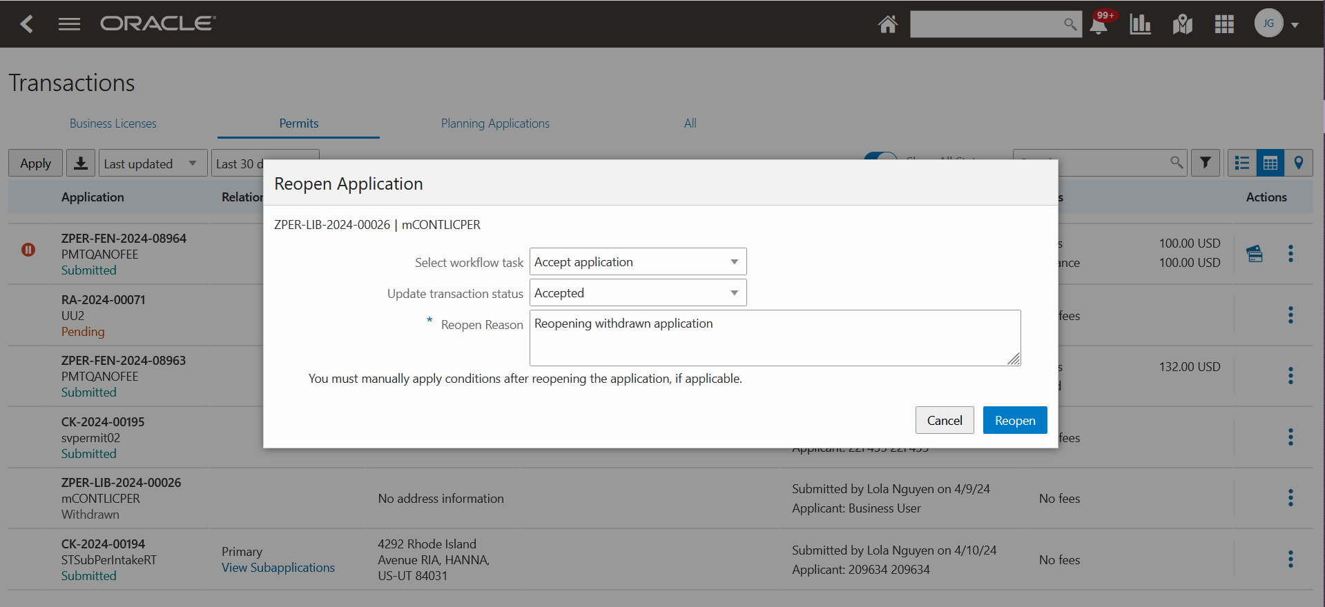 Reopen Application page