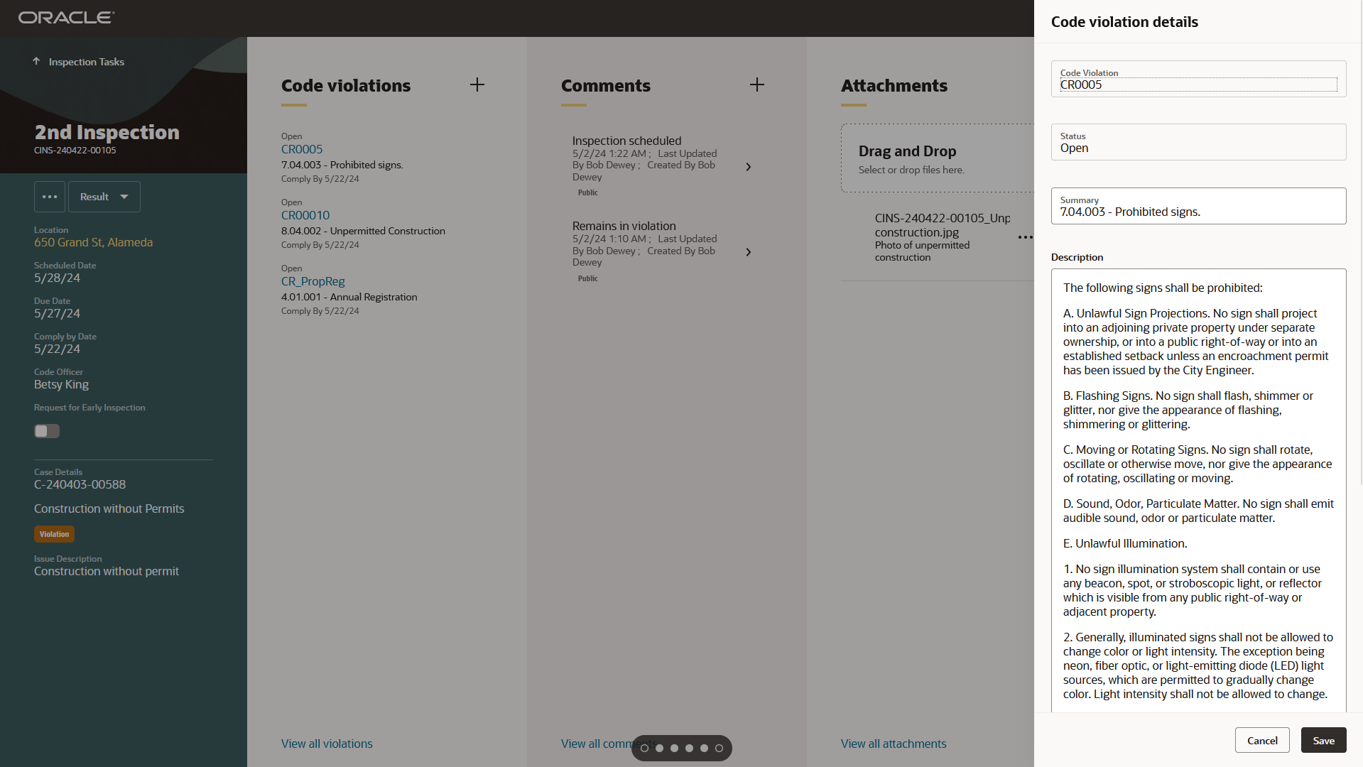 Inspections Page - Code Violation Details Drawer