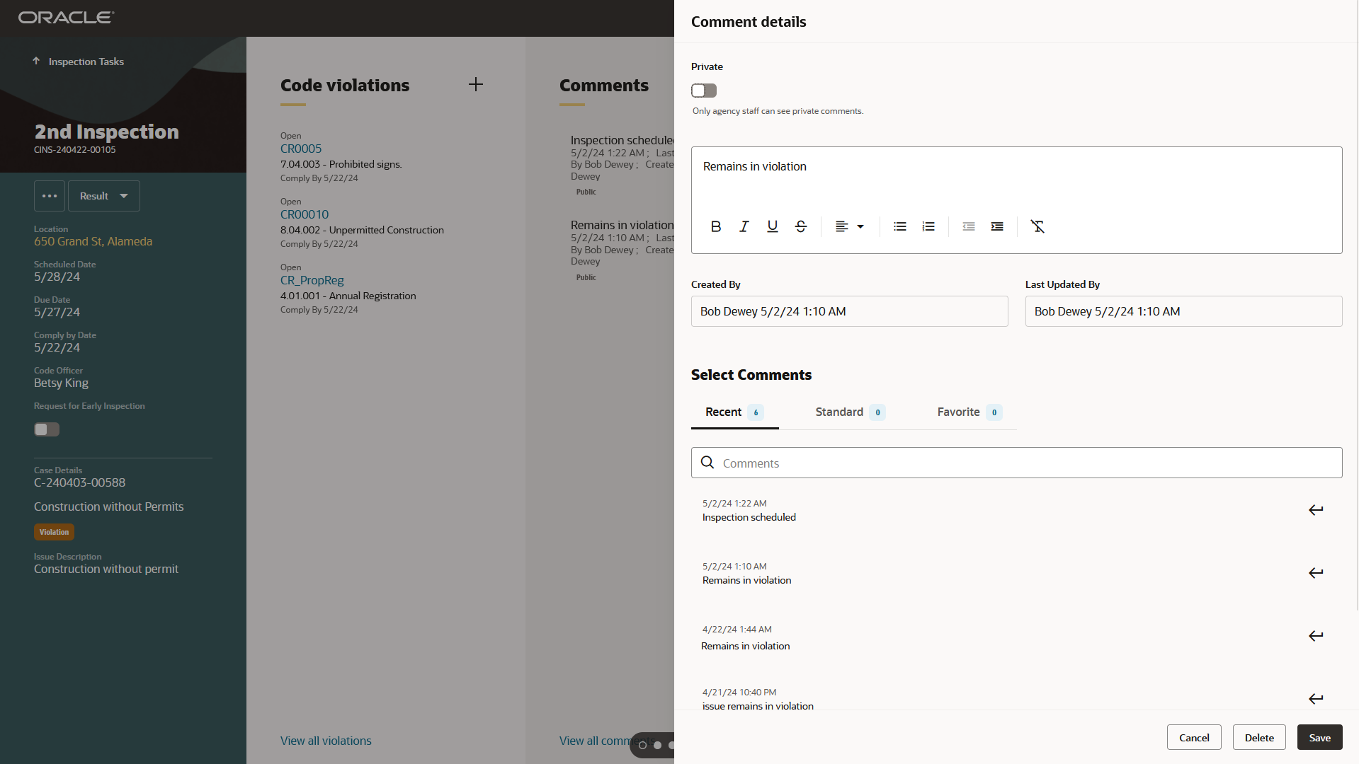 Inspections Page - Comment Details Drawer