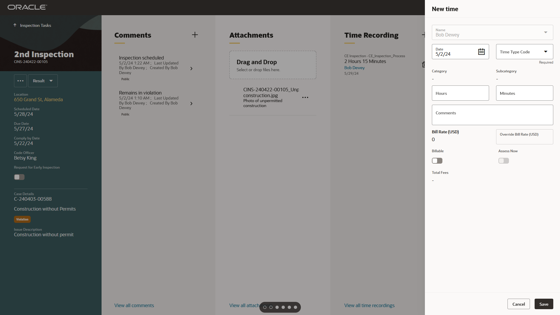 Inspections Page - New Time Drawer