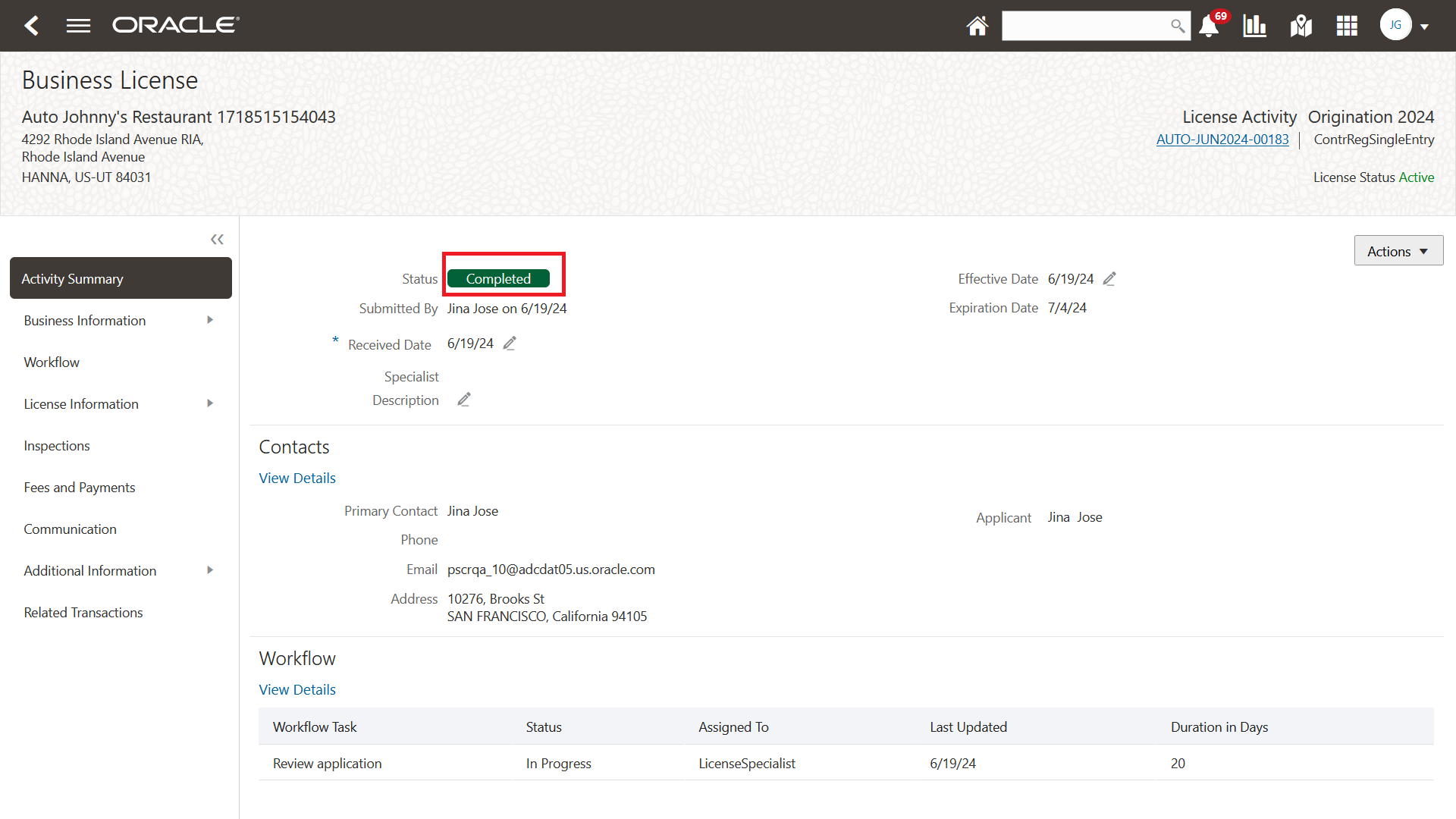 Business License Overview page