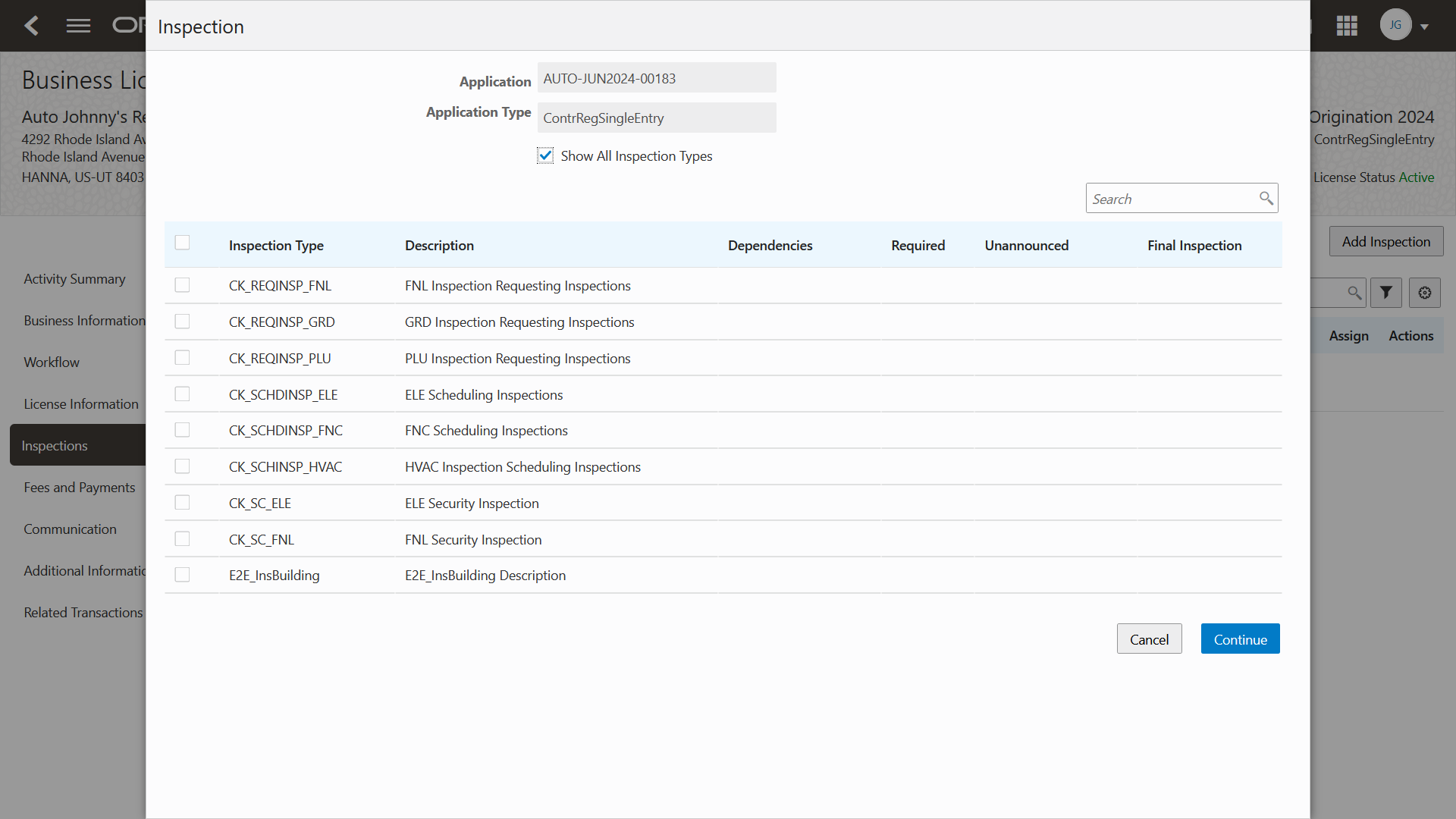 Schedule New Inspection Page