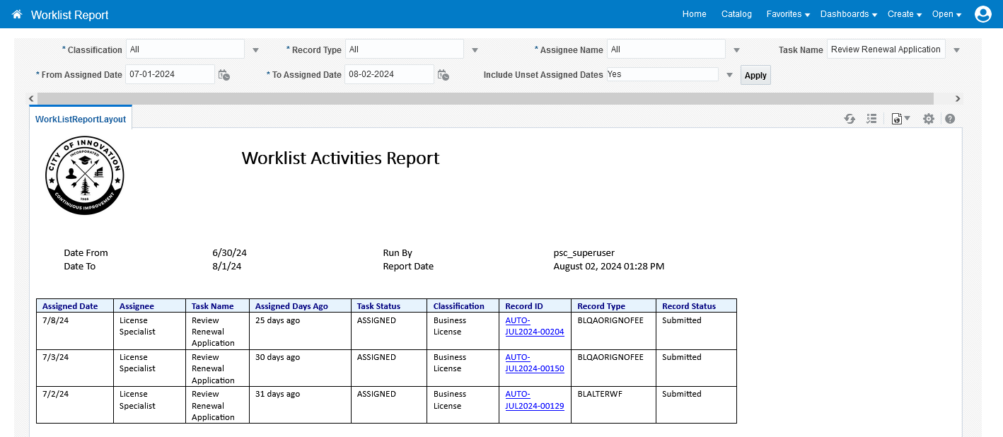 Worklist Activities Report