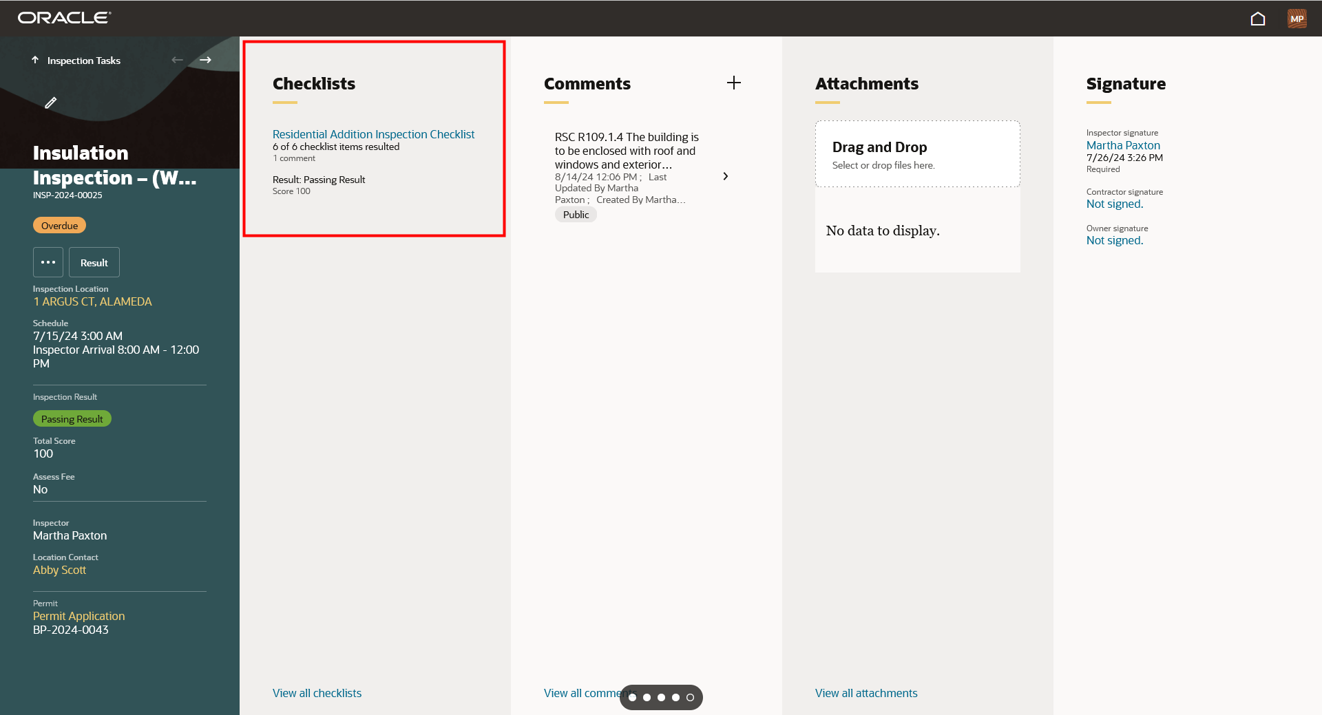 Inspection Overview and Detail Panels: Checklists Panel