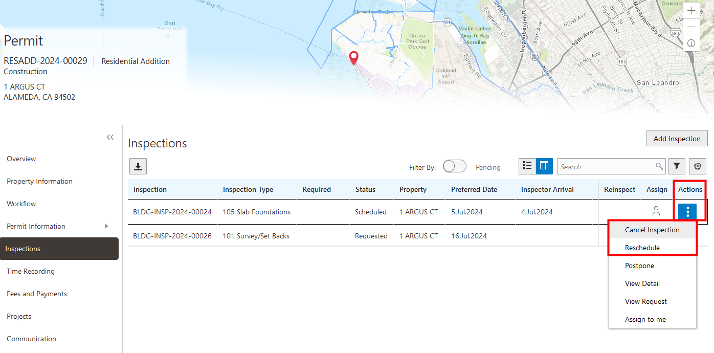 Inspections List Page for a Permit - Agency Staff View