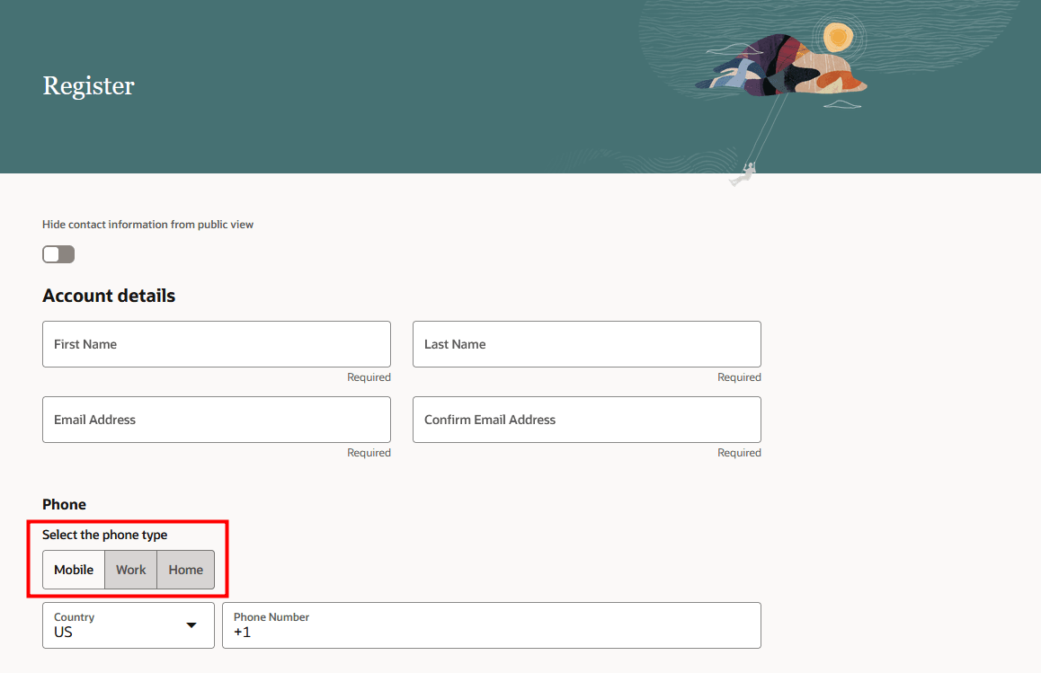 Register Page with Mobile Phone Type Option