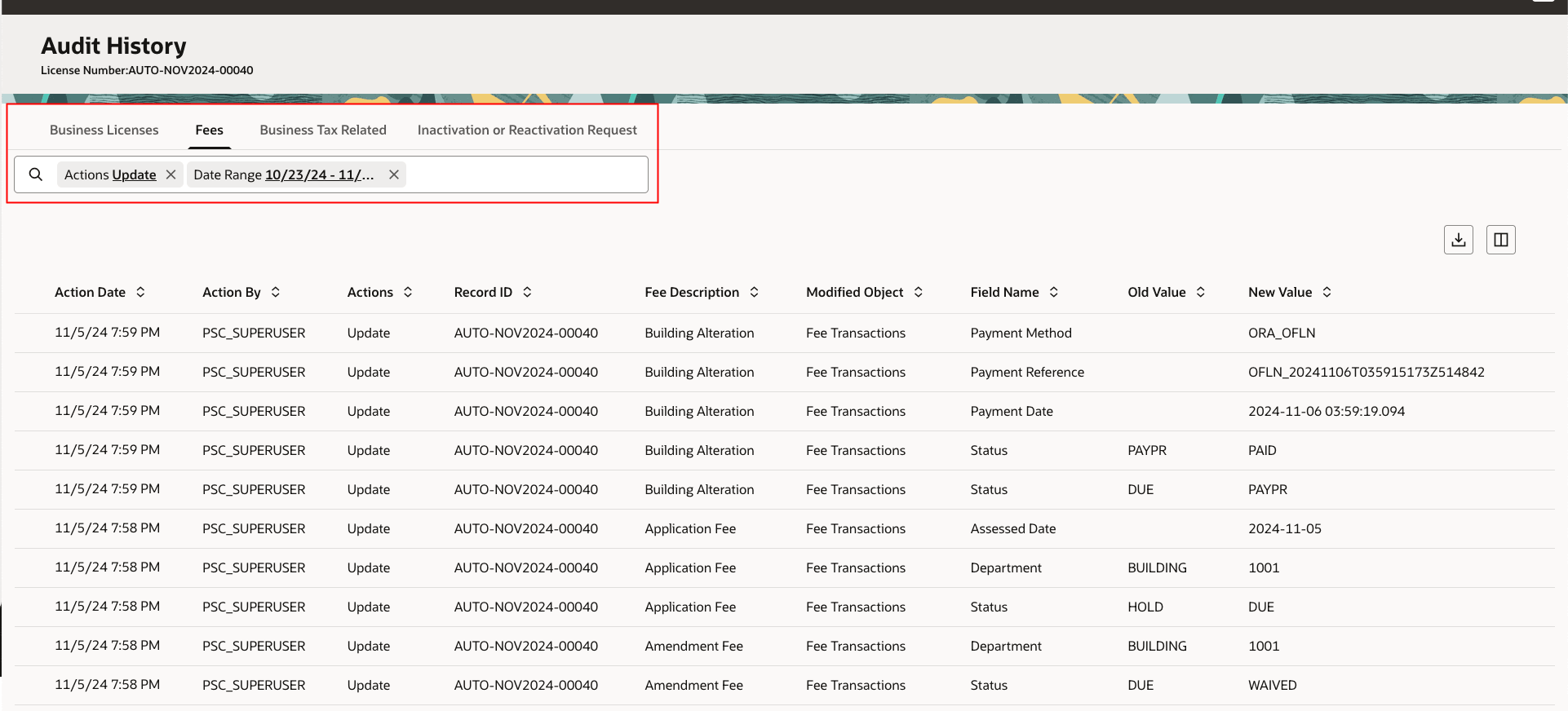 Audit History – Business Licenses page