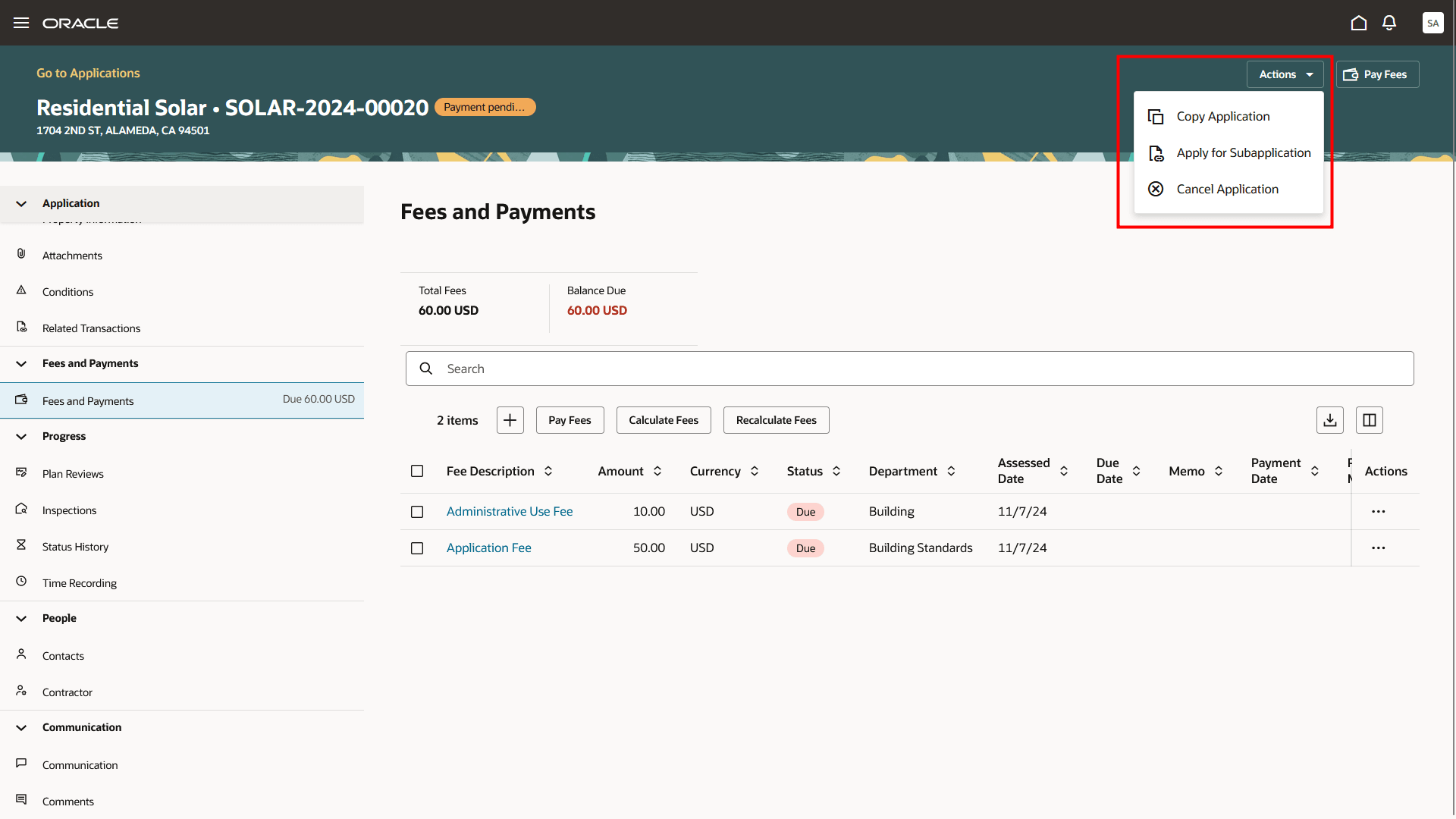 Permit Application Detail - Fees and Payments Page and Application Actions Menu