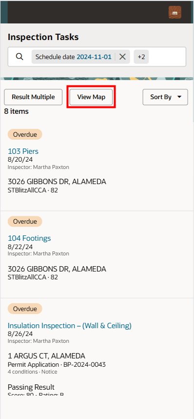 Inspection Tasks Page with the Map Closed and Map Open