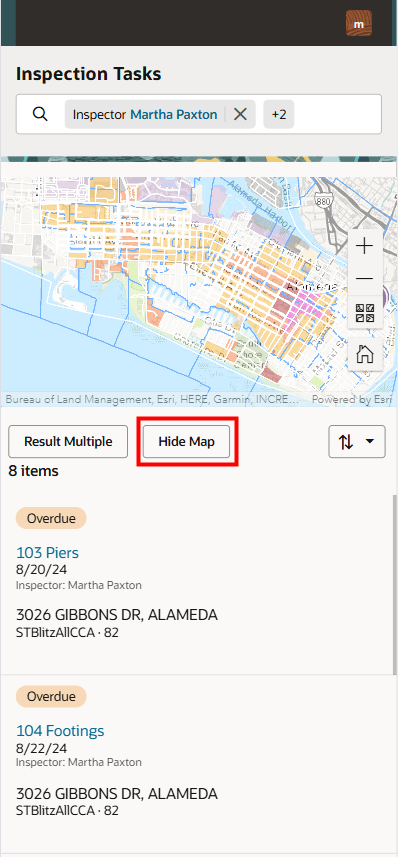 Inspection Tasks Page with the Map Closed and Map Open