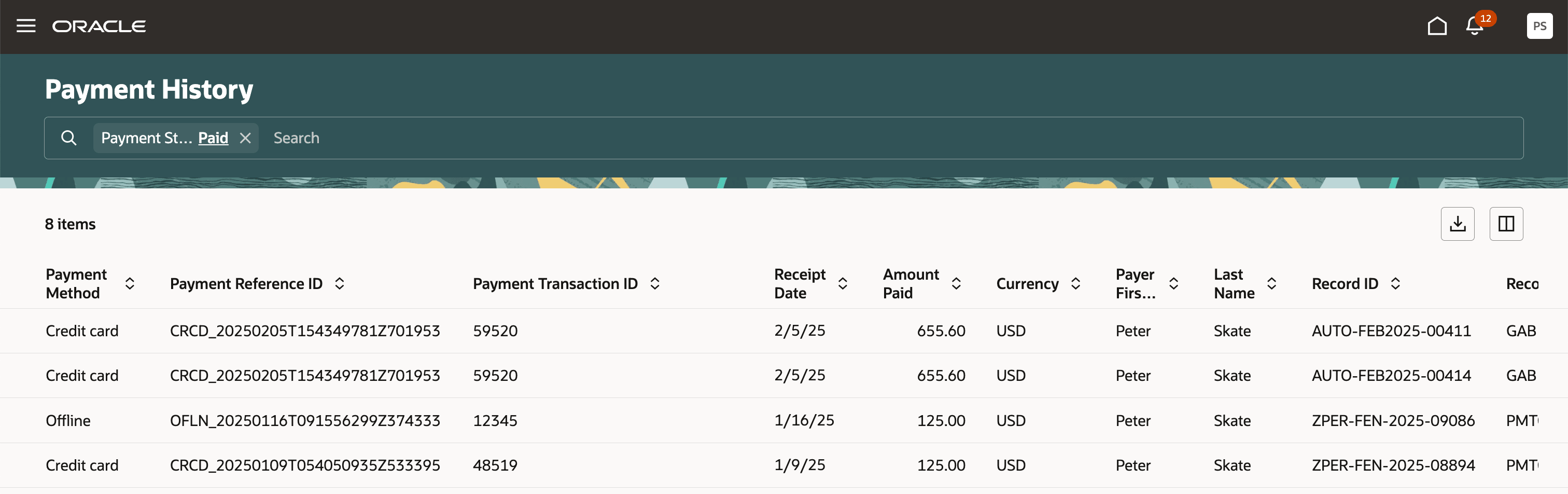 Payment History page