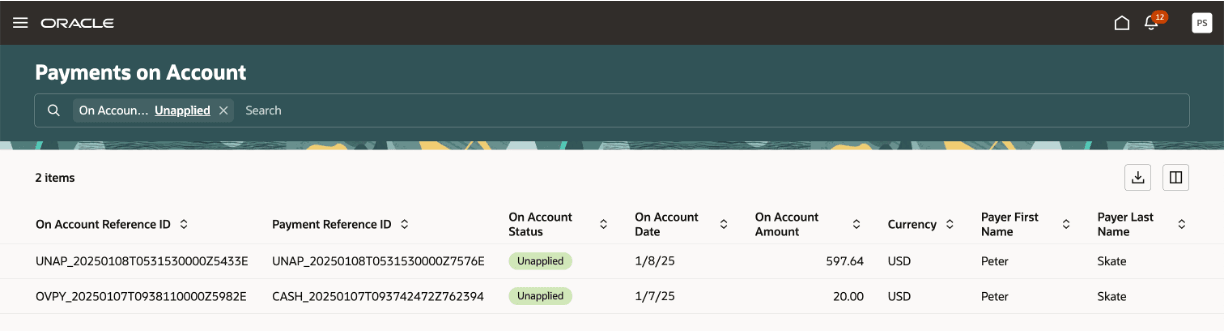 Payments on Account page