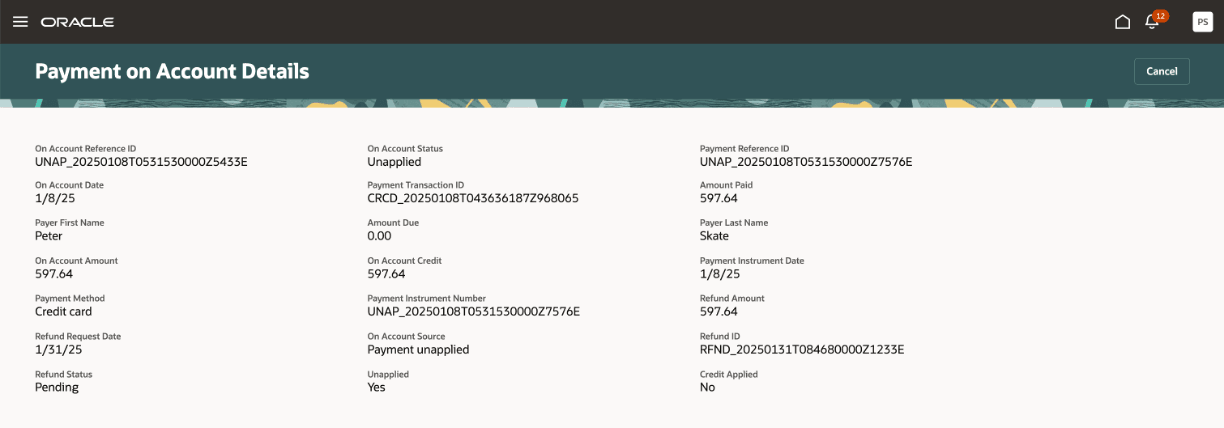 Payment on Account Details page