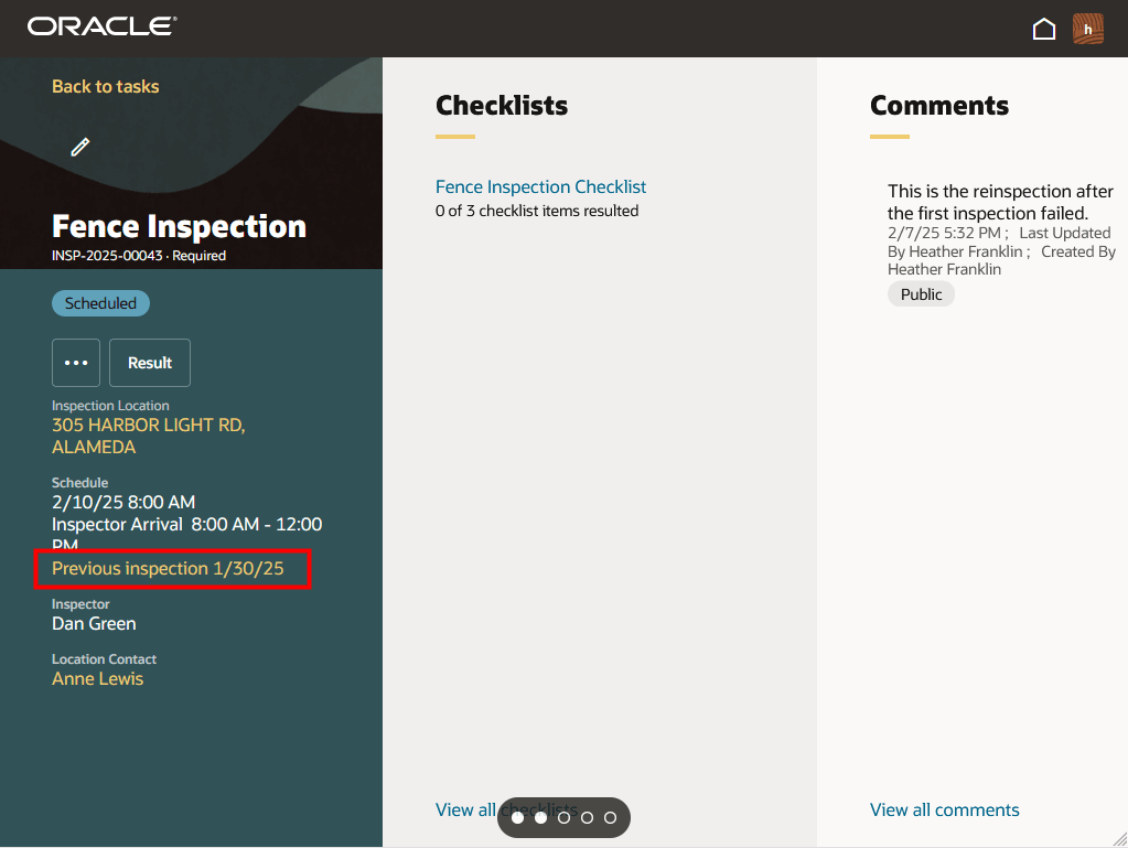Previous Inspection Link on Reinspection Overview Panel