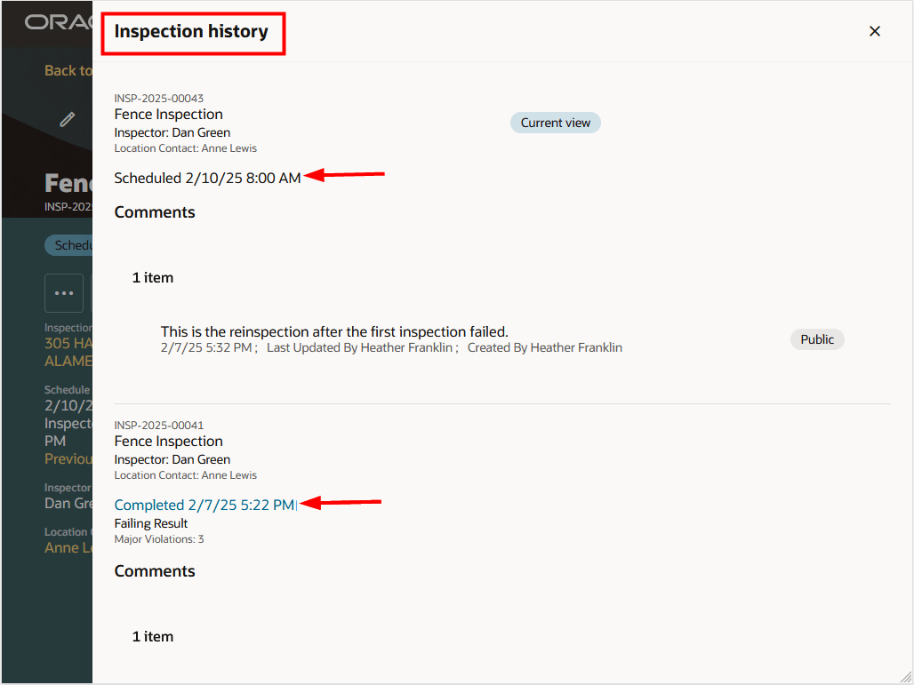 Inspection History Drawer, Displaying Reinspection and Previous Inspection Information