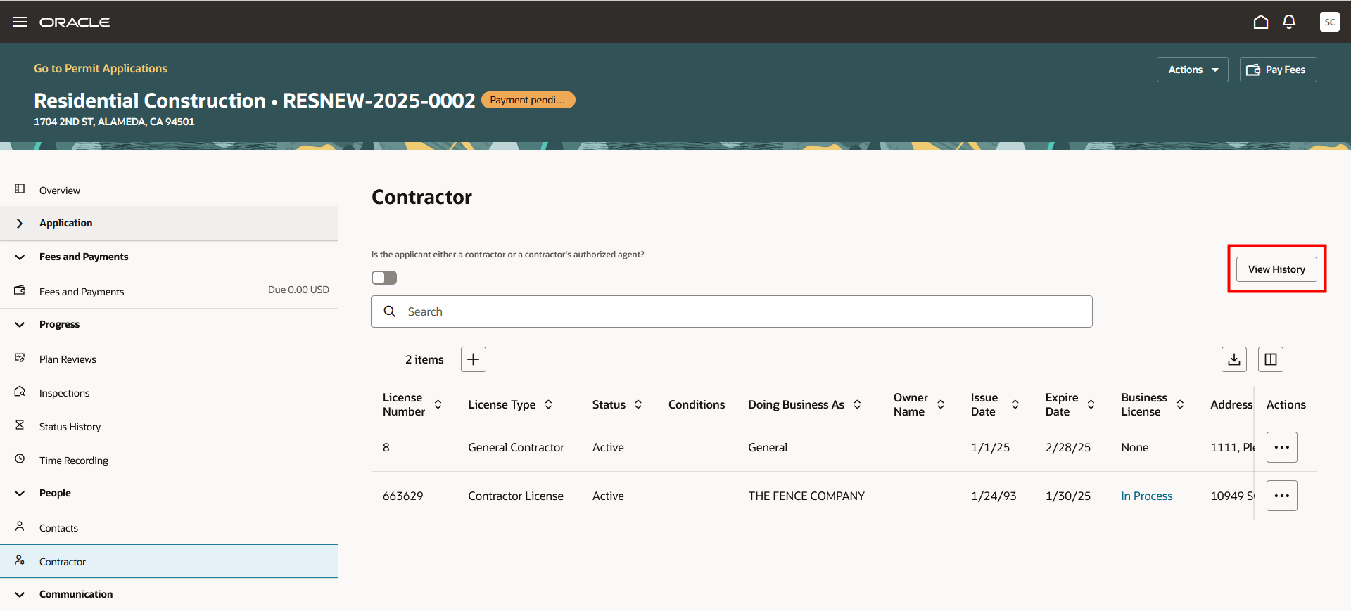 Contractor Page in Permit Application