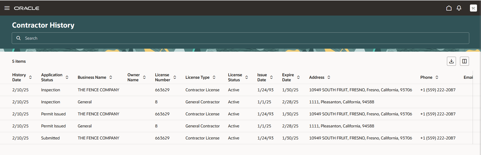 Contractor History Page for a Permit Application