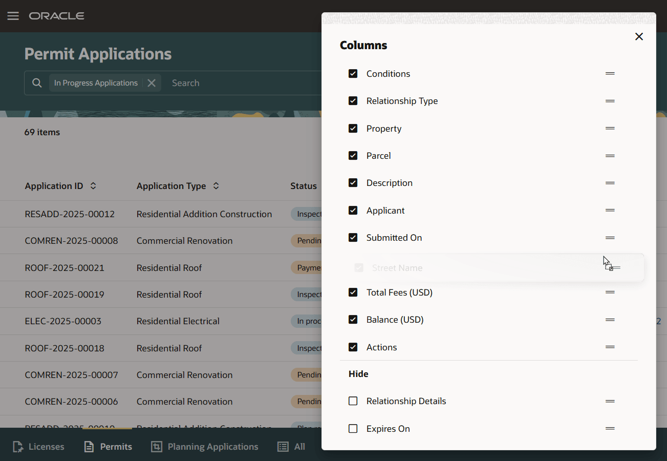 Permit Applications page column view personalization