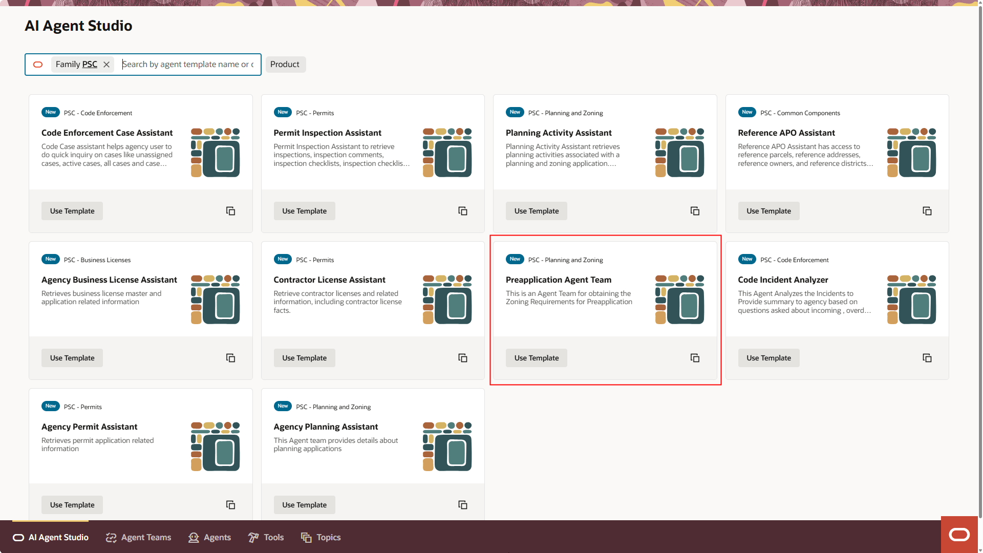 AI Agent Studio page with the Preapplication Agent Team