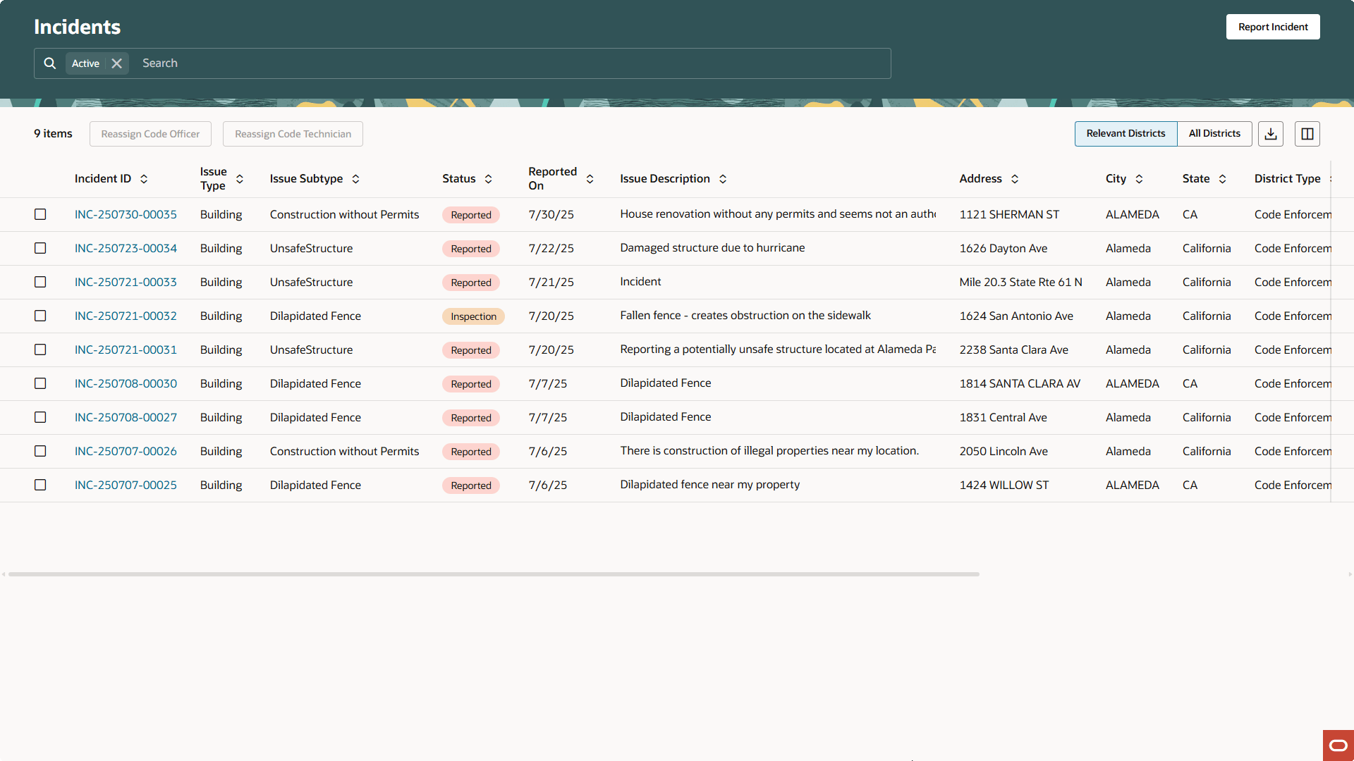 Incident List Page