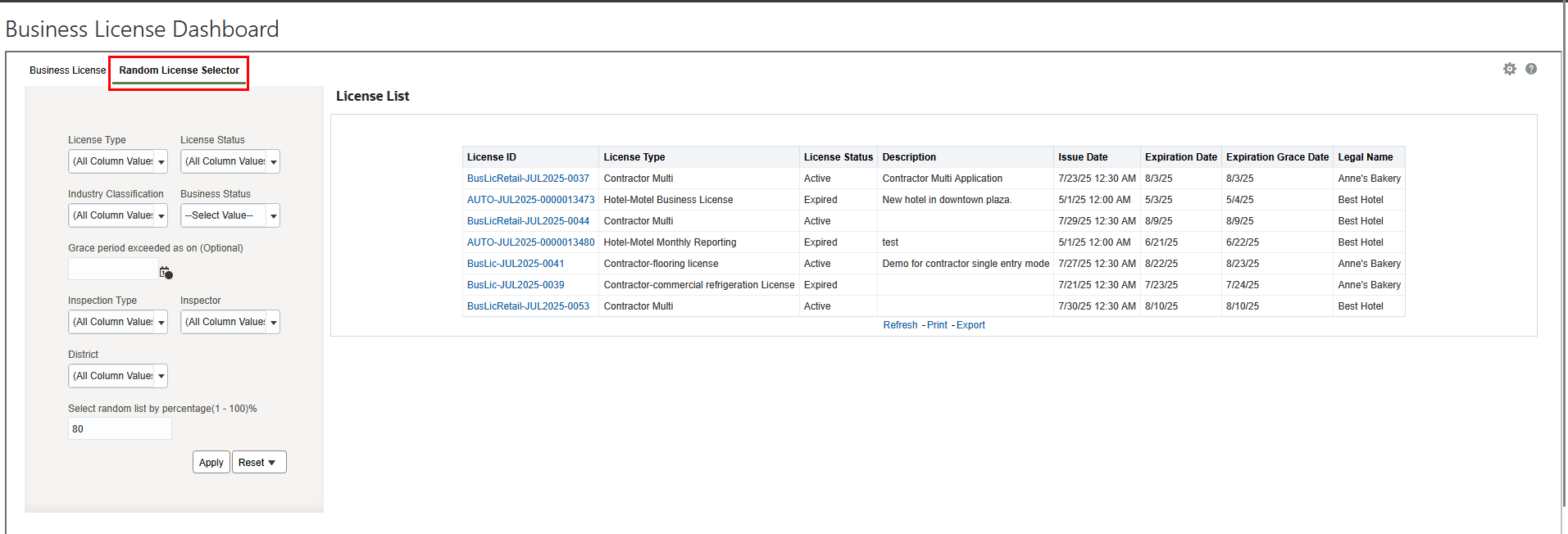 Random License Selector tab