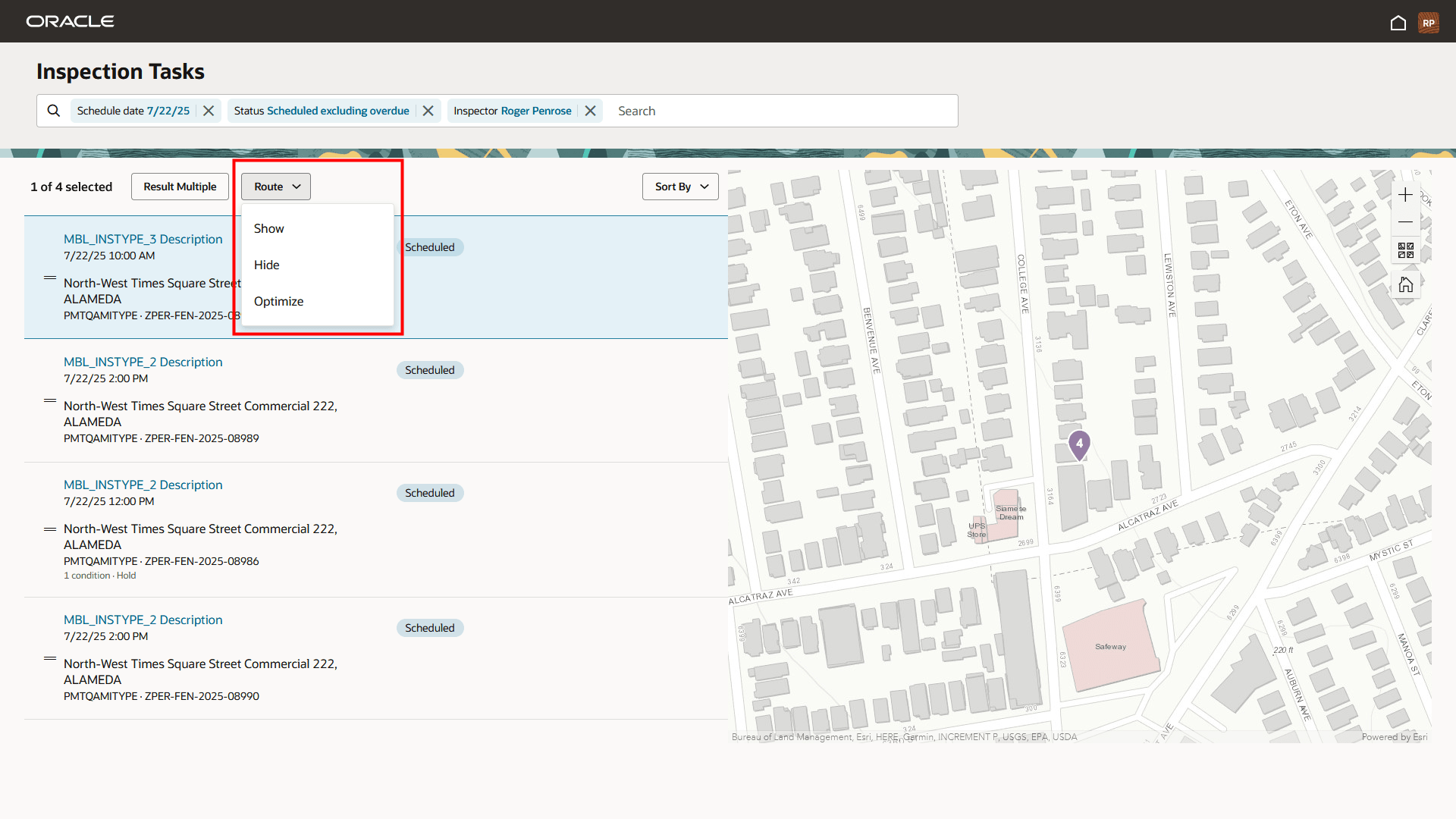 Inspector Application - Inspection Tasks Page with Route Actions