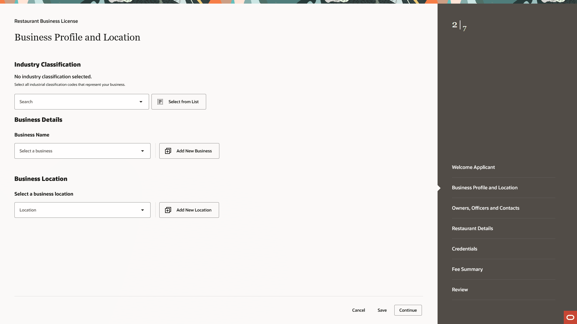 Business Profile and Location Page in Redwood Experience License Application Form