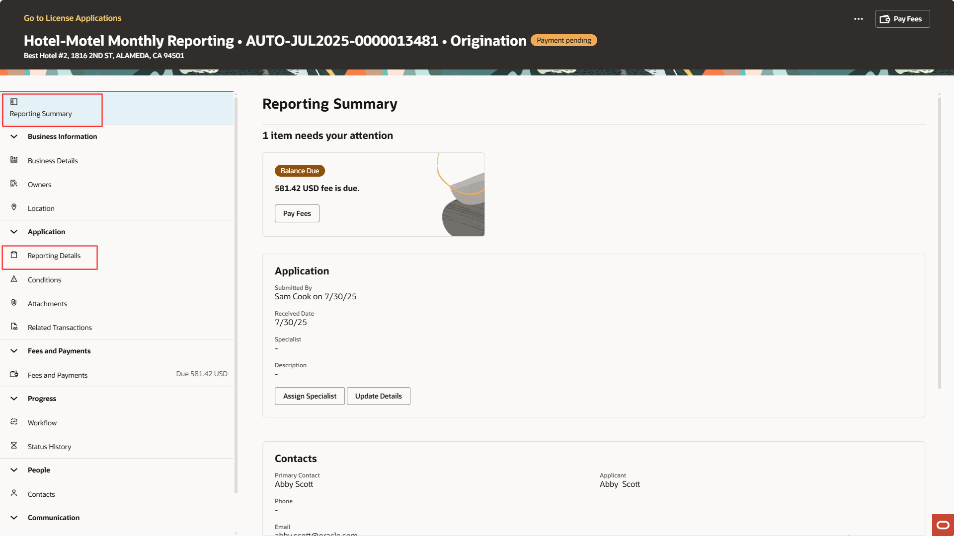Reporting Summary Page