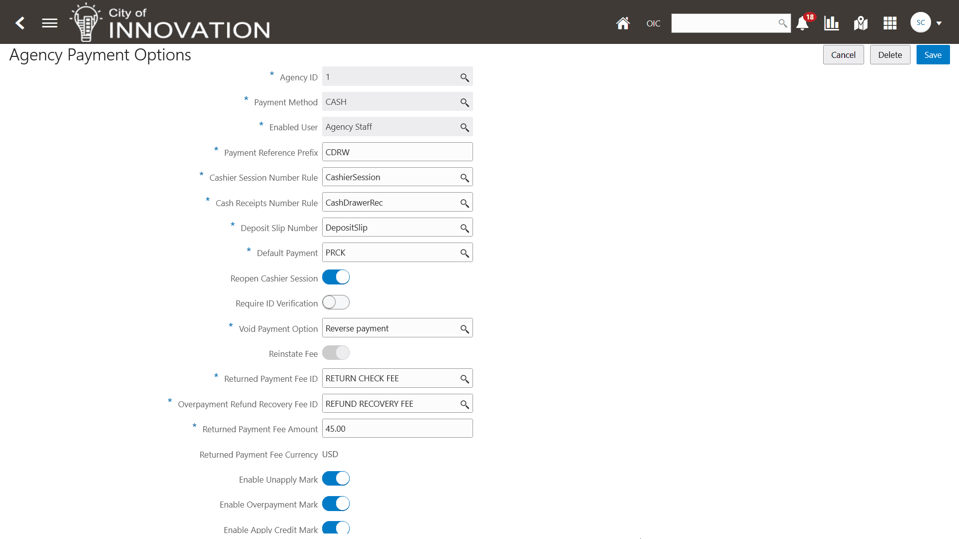 Agency Payment Options page