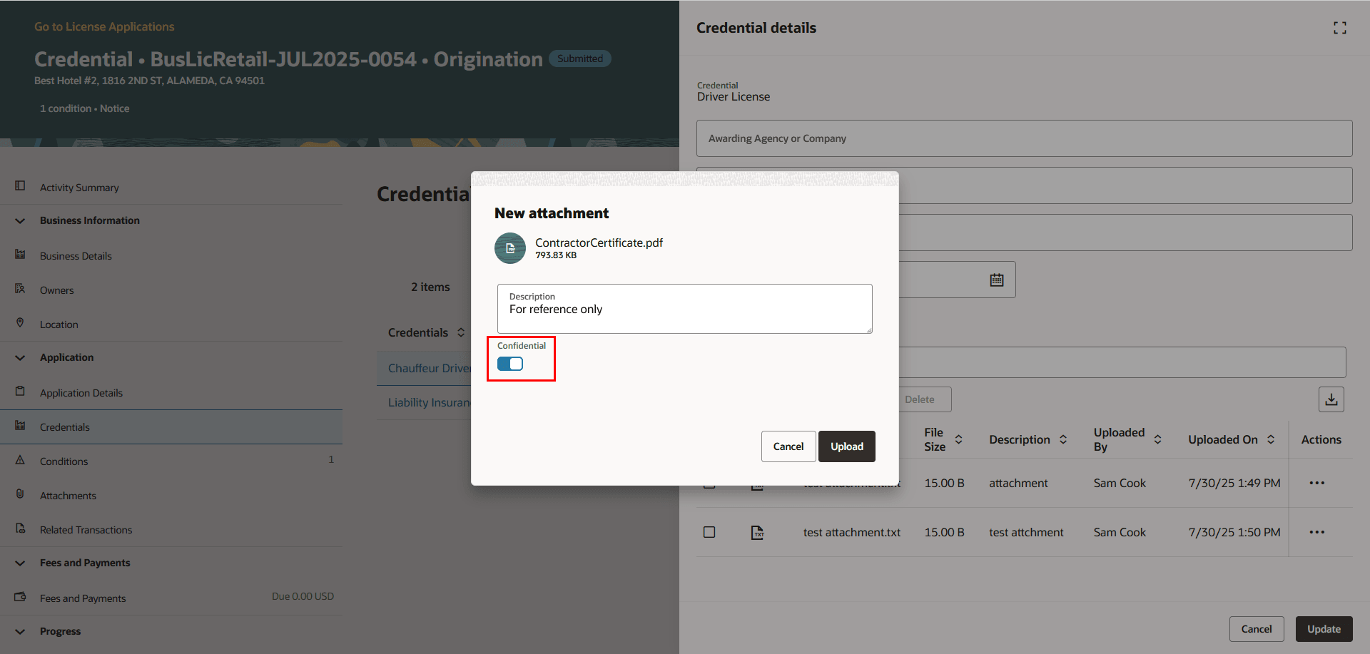 Uploading a Confidential Attachment on the New Attachment Page