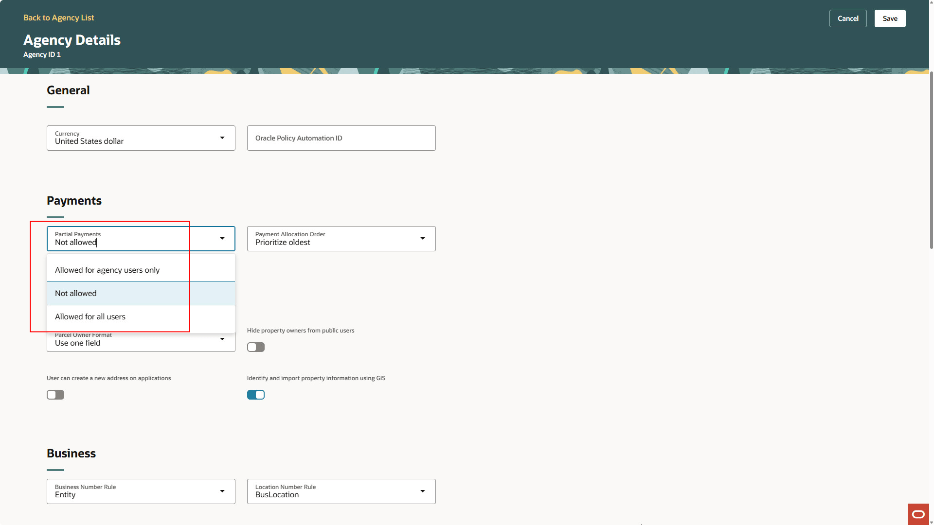 Agency Details Page - Partial Payments