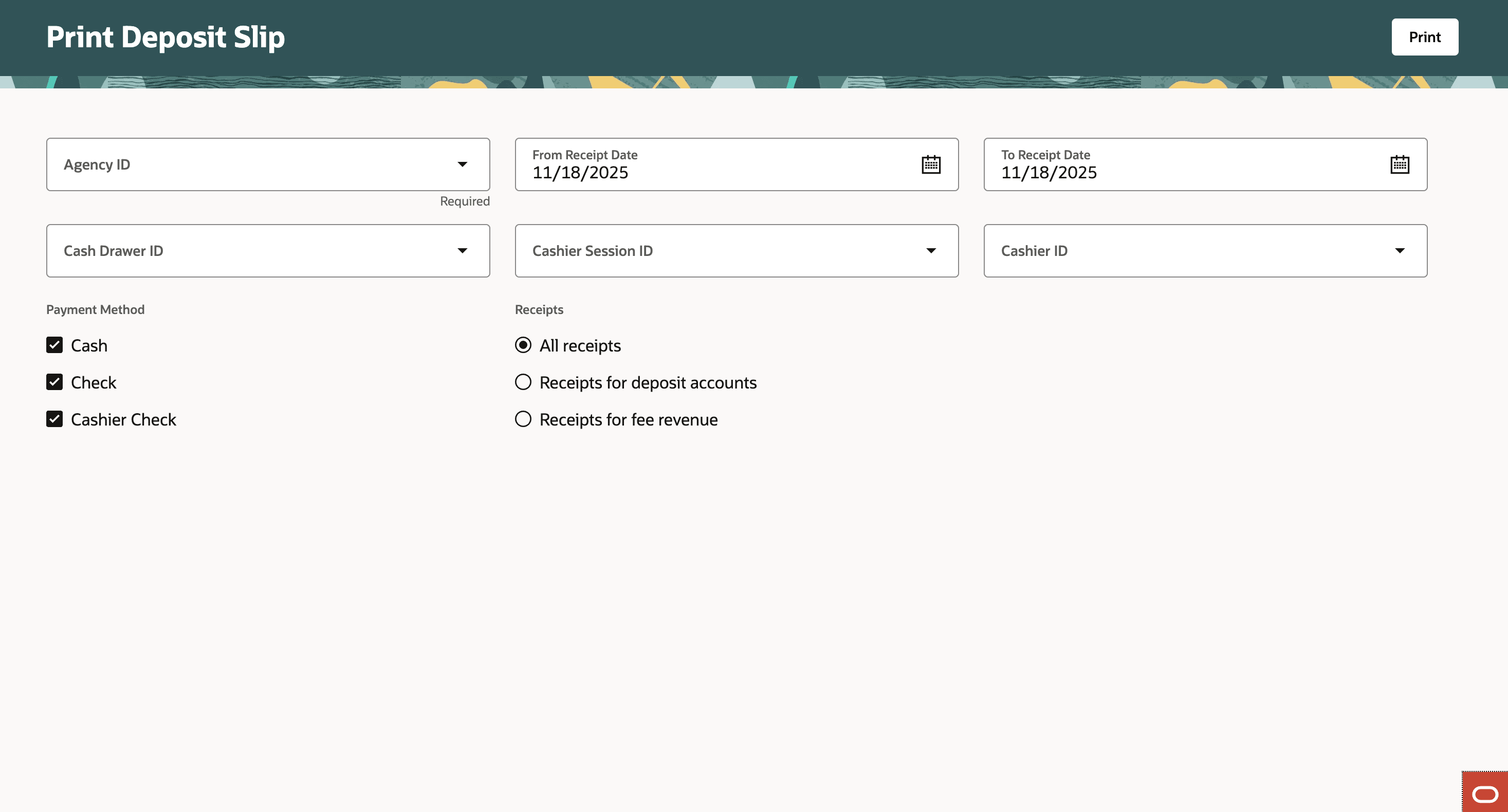 Print Deposit Slip page