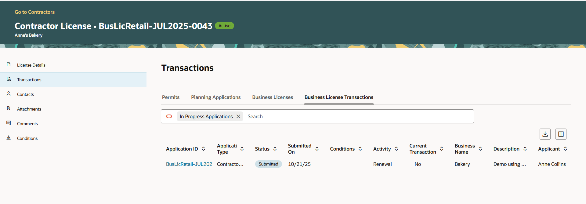 Transactions Page for a Contractor in the Detail Pages