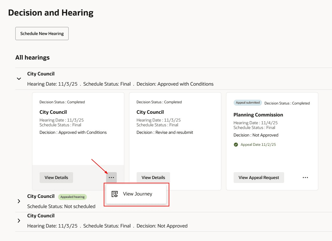 Card on the Decision and Hearing Page with the View Journey Action